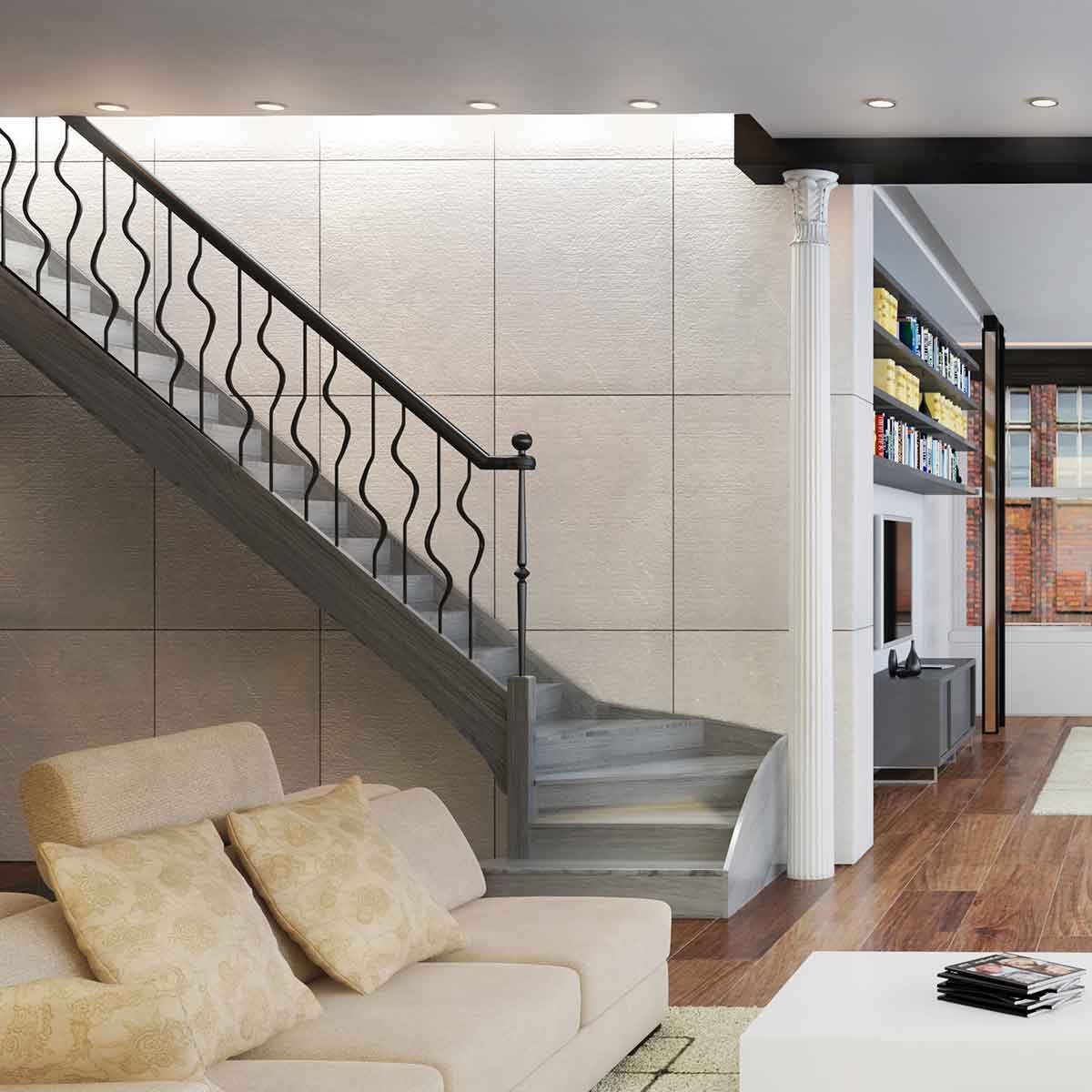 escalier bois gris avec rampe d escalier en fer forgé design